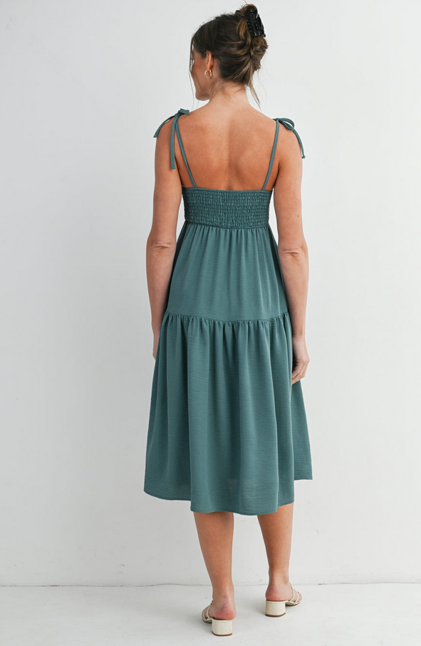 *Smocked Empire Waist Maternity Midi Dress with Tie Straps & Pockets Green