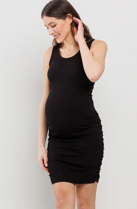 Basic Tank Top Maternity Dress with Side Ruching - Black