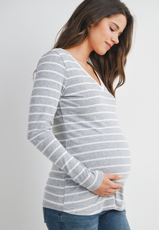 Grey Stripe LS Maternity Top