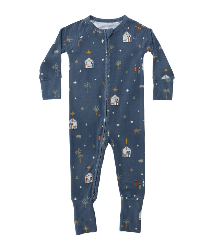 Nativity Blue Small Ribbed Zip Romper