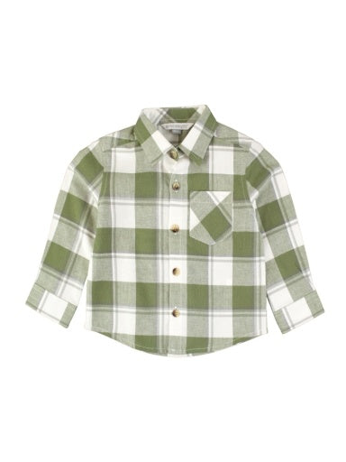 Flannel Long Sleeve Button Down Shirt - Dusty Olive Plaid