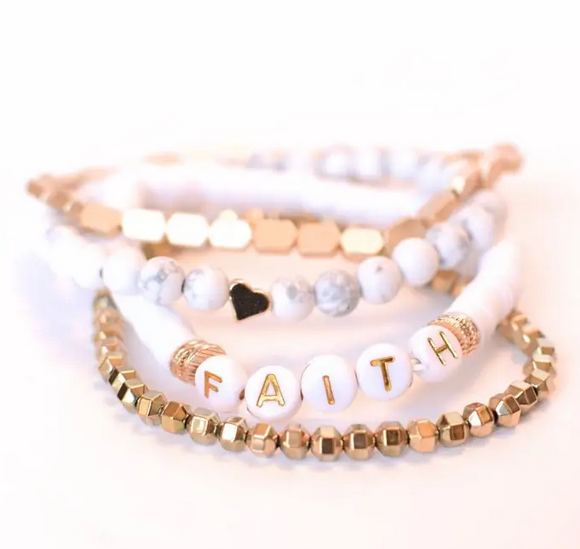 Faith Gold Beaded Stretch Bracelet Set Christian Heart Charm