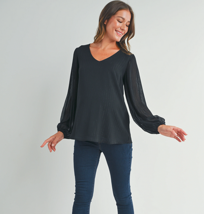 *Pleated Long Sleeve V-Neck Maternity Top