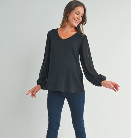 Pleated Long Sleeve V-Neck Maternity Top