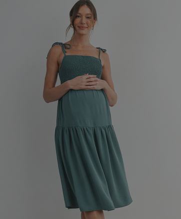*Smocked Empire Waist Maternity Midi Dress with Tie Straps & Pockets Green