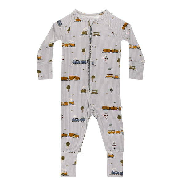 Trains Small Ribbed  Zip Romper