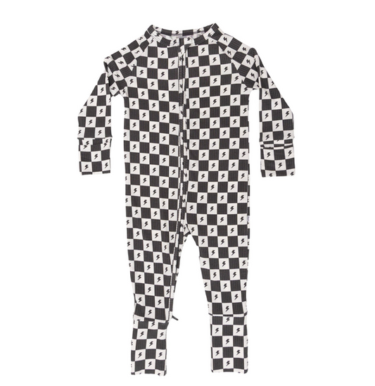 Checkered Lightning Bolt Small Ribbed Zip Romper