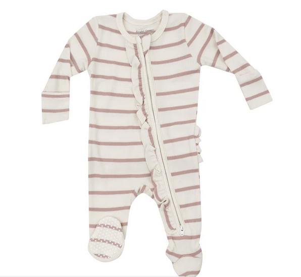 Ribbed Stripe - Misty Rose 2 Way Ruffle Zipper Footie