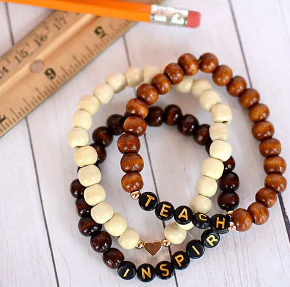 Teach Inspire Wood Bead Stretch Bracelet Heart Charm Stack