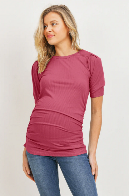 Shauna Puff Sleeve Ribbed  Maternity Top- Berrice