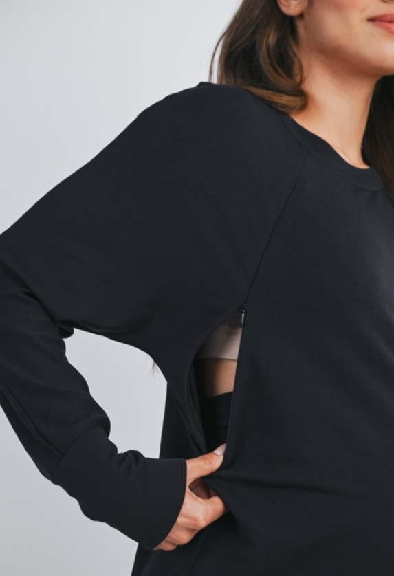 Black Side Zip LS Nursing Pullover