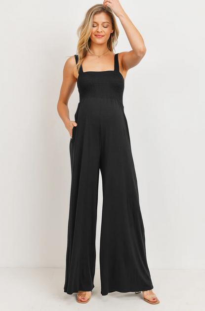 Black Smocked Maternity Jumpsuit