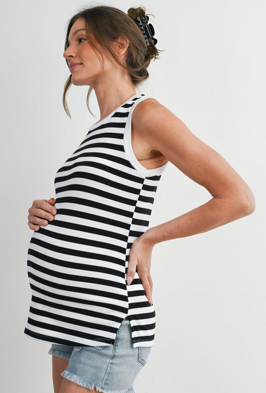 Striped Round Neck Maternity Tank - Black / White