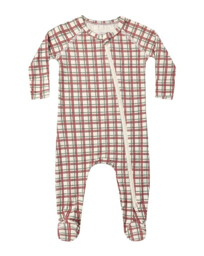 BAMBOO ZIP FOOTIE REDWOOD CHECK