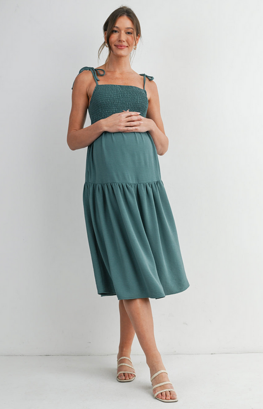 *Smocked Empire Waist Maternity Midi Dress with Tie Straps & Pockets Green