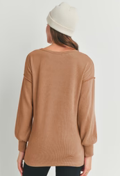 Camel Rib Knit Split Neck Maternity Top