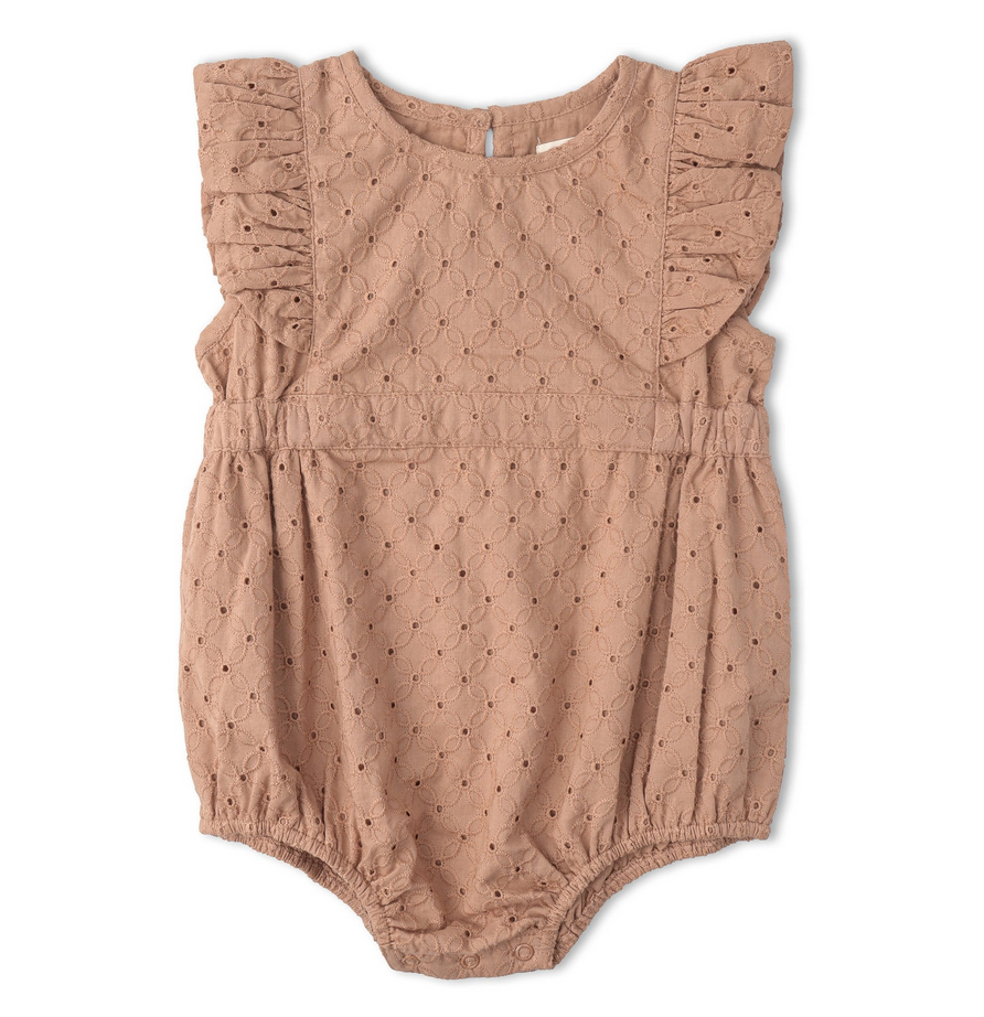 Organic Eyelet Flutter Romper - Clay Eyelet