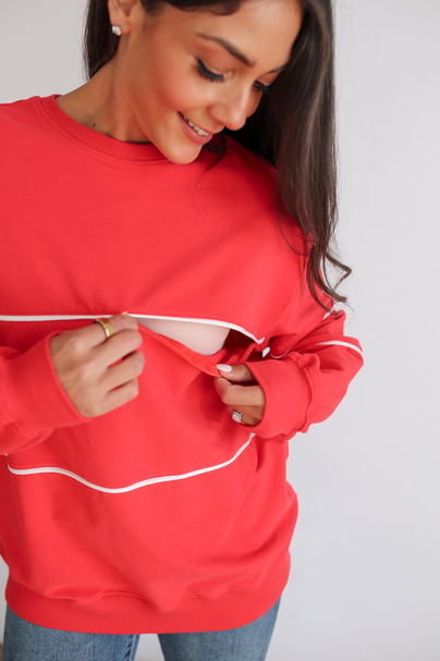 Relaxed Fit Invisible Zipper Breastfeeding Sweatshirt with Piping Poppy