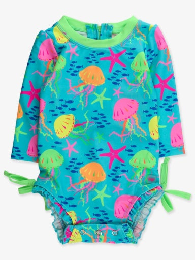 Long Sleeve One Piece Rash Guard Swimsuit - NEON JELLY TIME