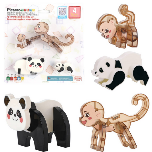4 Pieces Magnetic Panda & Monkey Parent and Baby Characters Playset