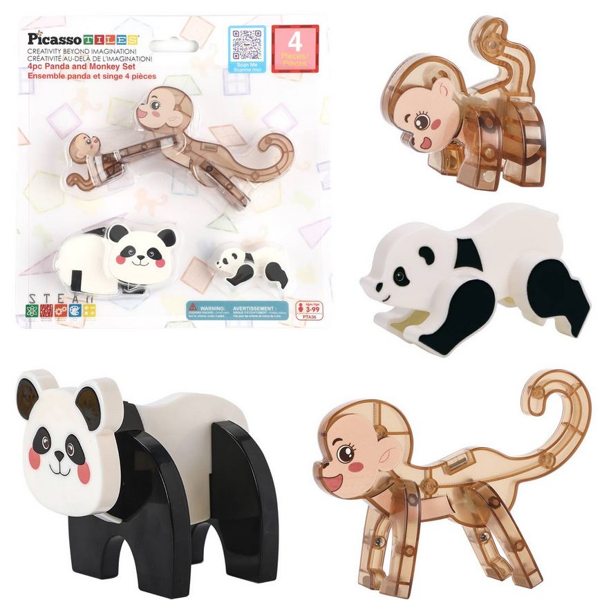 4 Pieces Magnetic Panda & Monkey Parent and Baby Characters Playset