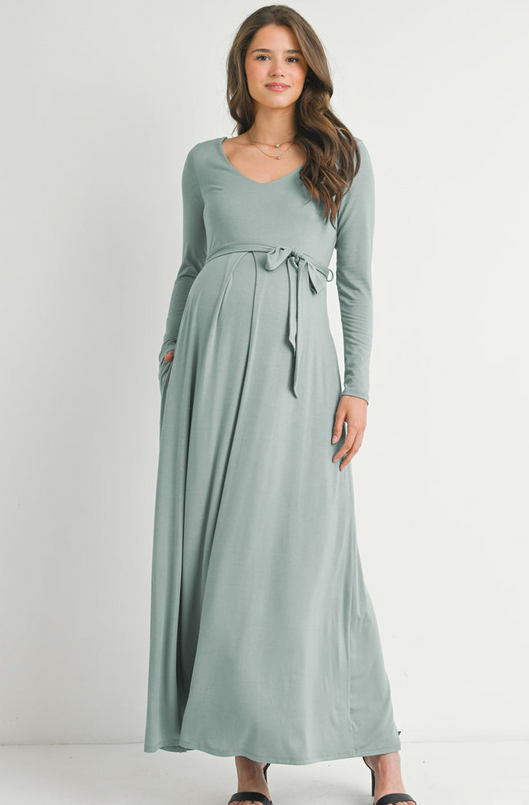 Sage- Long Sleeve V Neck Maternity Maxi Dress with Waist Belt