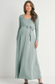 Sage- Long Sleeve V Neck Maternity Maxi Dress with Waist Belt