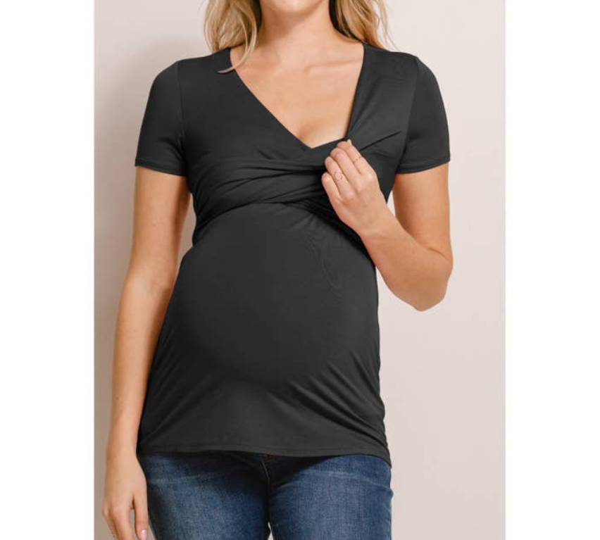 V-Neck Wrap Maternity/Nursing Top  - Black