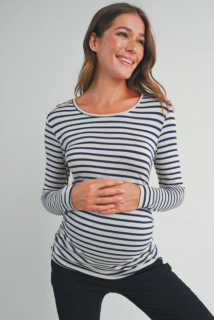 Cindy Stripe Round Neck Maternity Top with Button