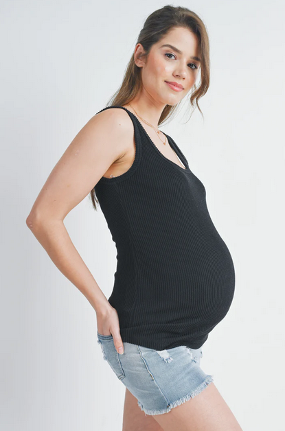 *Basic Ribbed Square Neck Mat. Tank  - Black