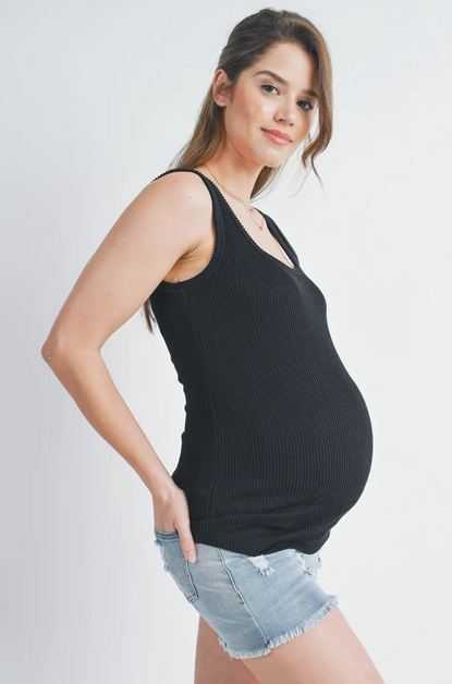 *Basic Ribbed Square Neck Maternity Tank  - Black