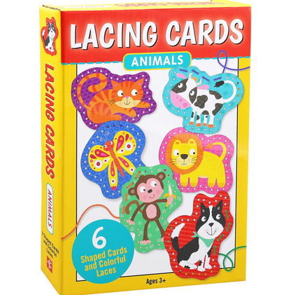 Box of lacing cards with animal illustrations on a white background