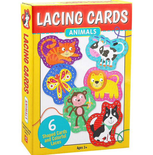 Box of lacing cards with animal illustrations on a white background