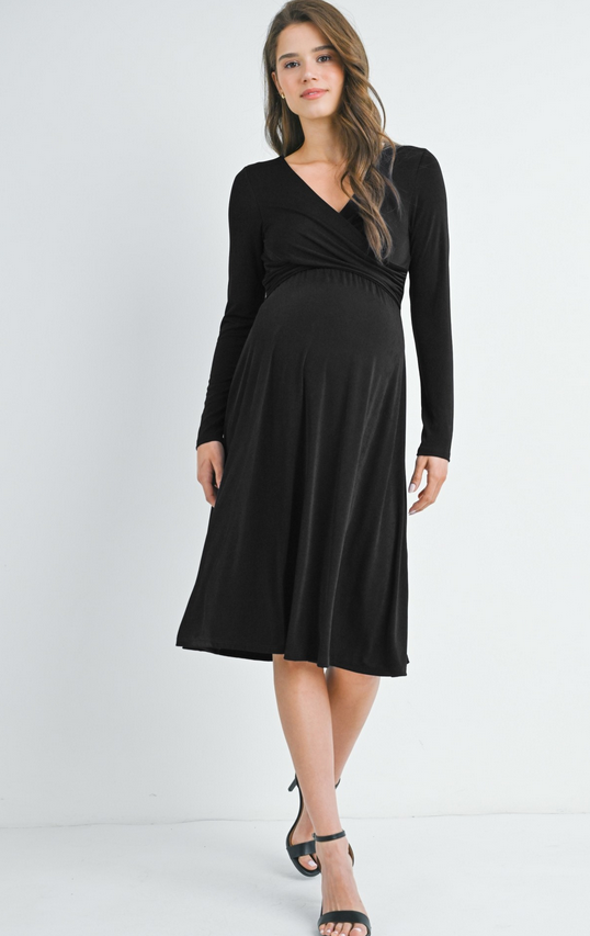 Surplice Long Sleeve Maternity Nursing Dress - Black