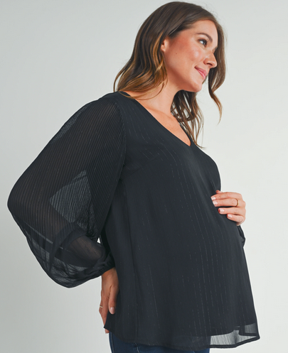 *Pleated Long Sleeve V-Neck Maternity Top