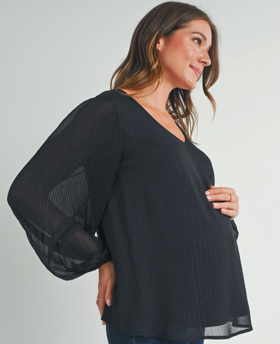 Pleated Long Sleeve V-Neck Maternity Top