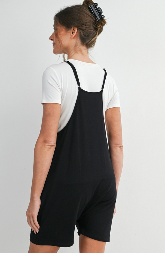 Loose Fit Adjustable Straps Sleeveless Maternity Romper with Pockets - Black