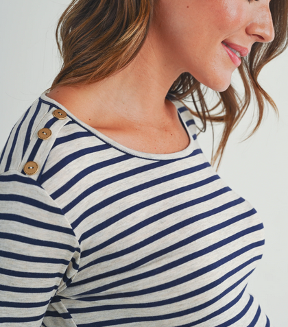 Stripe Round Neck Maternity Top with Button- Black