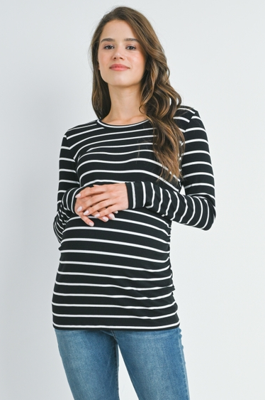 Striped Long Sleeve Ribbed Maternity Nursing Top-Black