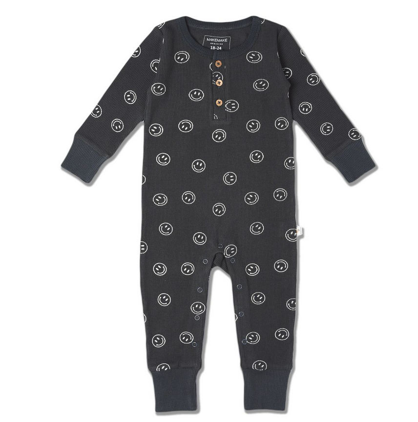 Organic Button Romper - Happy Face