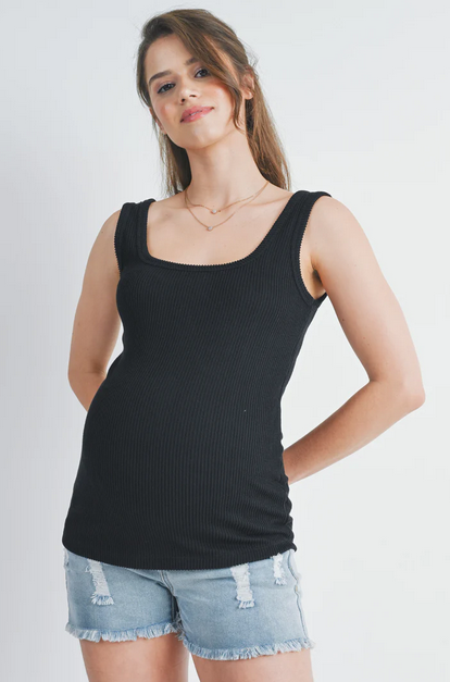 *Basic Ribbed Square Neck Mat. Tank  - Black