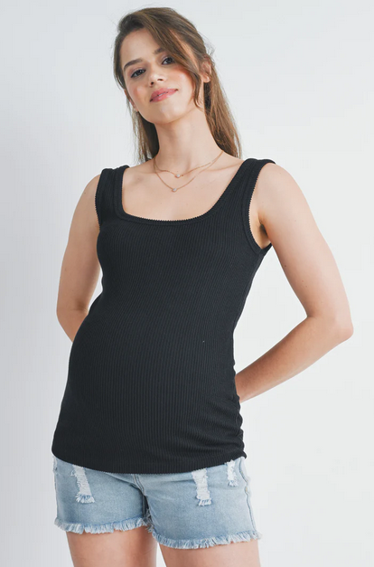 *Basic Ribbed Square Neck Maternity Tank  - Black