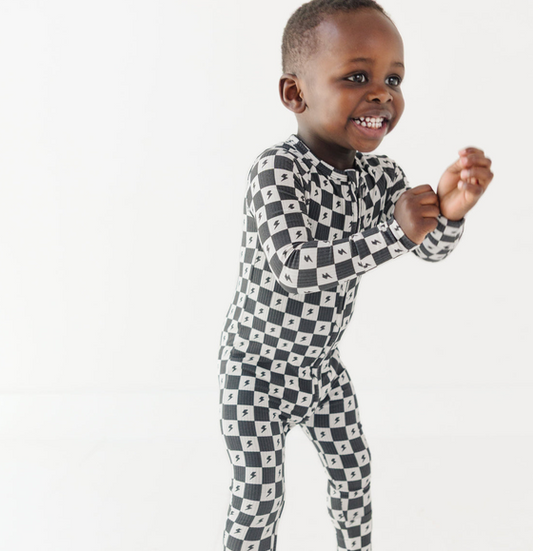 Checkered Lightning Bolt Small Ribbed Zip Romper