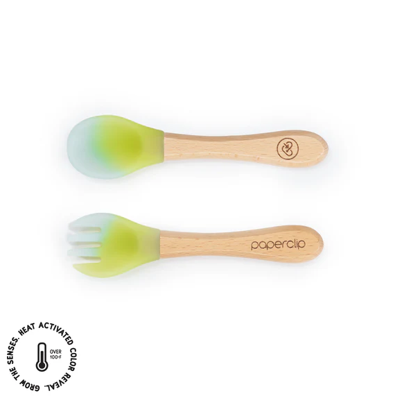 Color Changing Spork & Spoon Set: Aurora Green & Cloud Blue