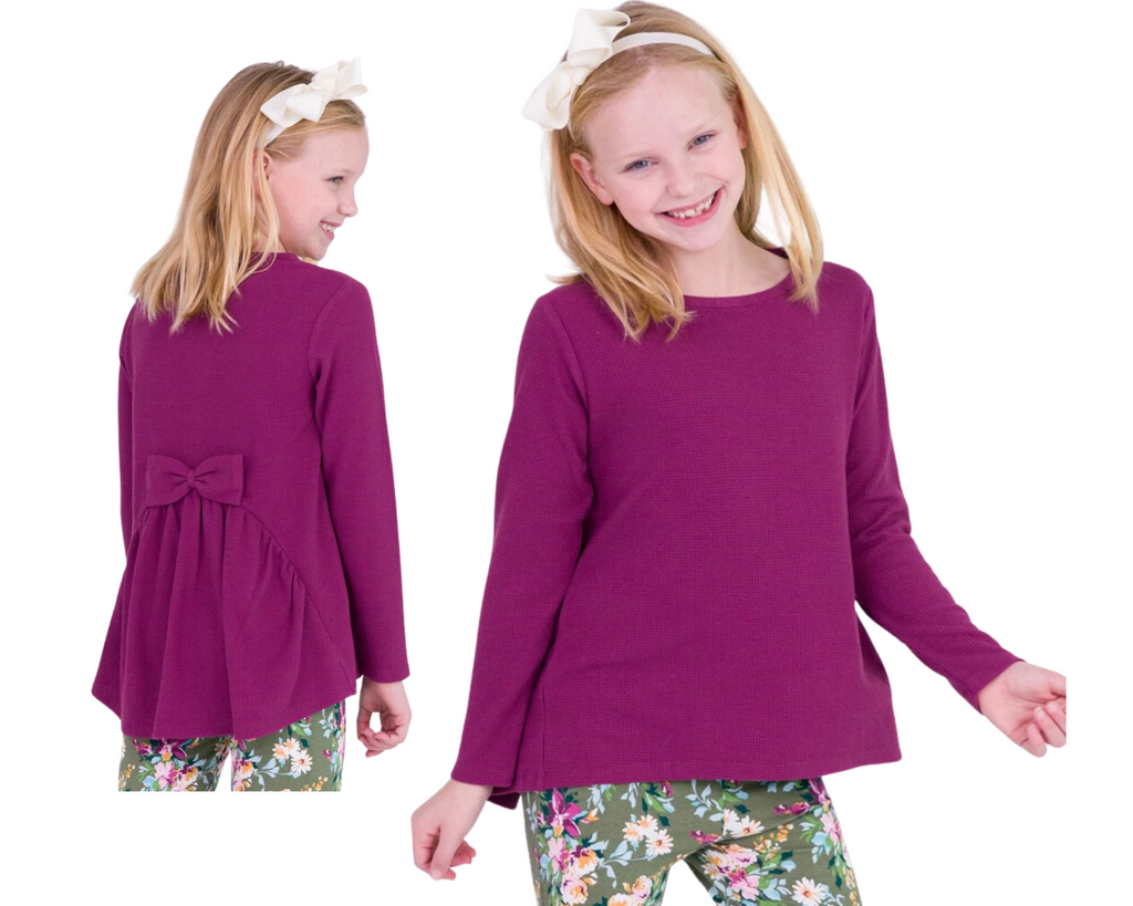 Waffle Knit Long Sleeve Bow Back Top - Eggplant Harvest