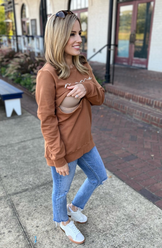 "Mama" Nursing Sweatshirt - Camel Brown