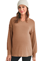 Camel Rib Knit Split Neck Maternity Top