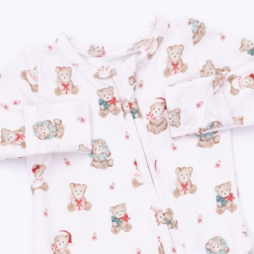 Christmas Teddy Bears Pink - 2 Way Ruffle Back Zipper Footie NB