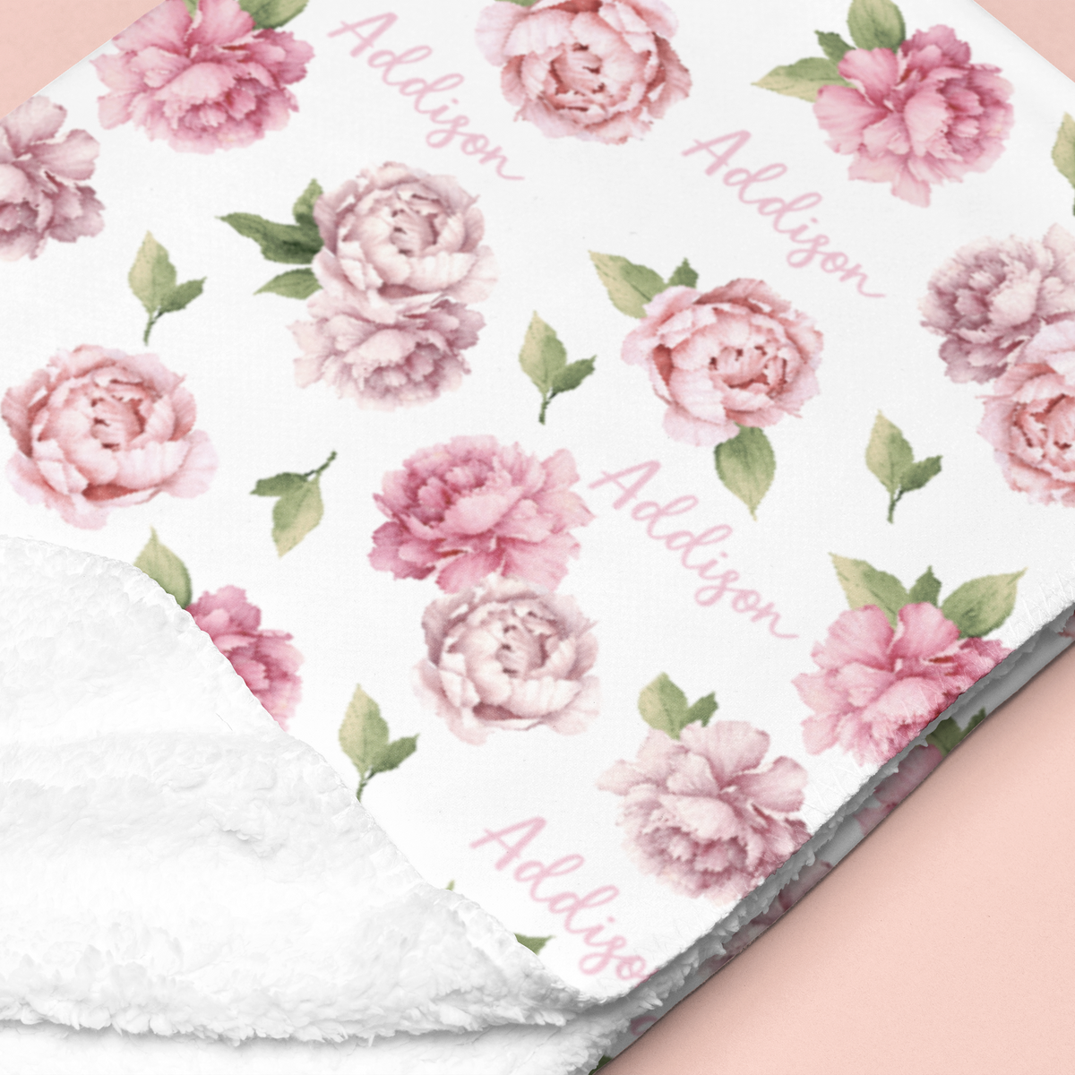 Sugar + Maple Sherpa-Lined Personalized Blanket | Peonies