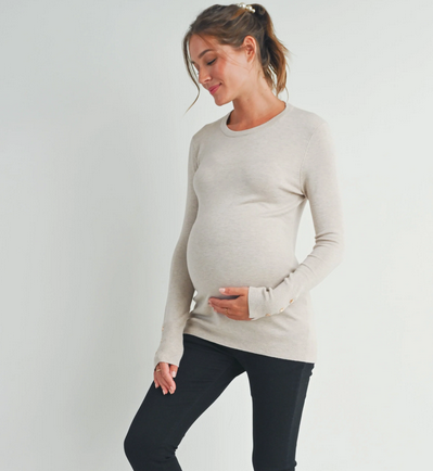 Camel Maternity Sweater w Sleeve Button